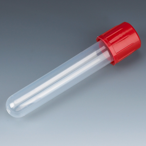 Globe Scientific Test Tube with Attached Red Screw Cap, 12 x 75mm (5mL), PP, 250/Bag, 4 Bags/Unit Screwcap Tubes; Round Bottom Tube